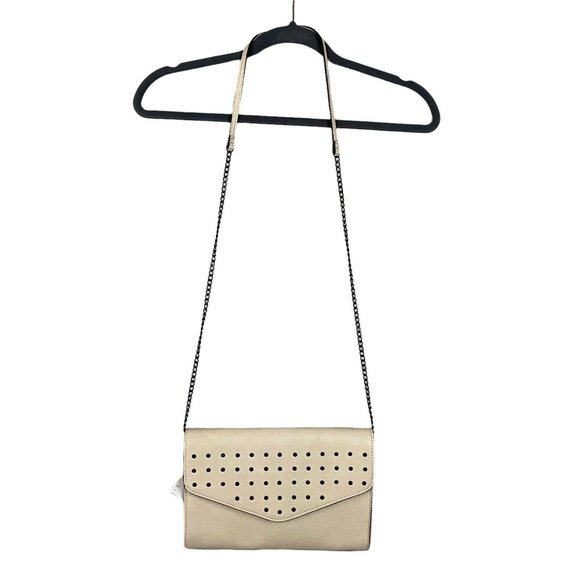 Neiman Marcus Vegan Leather Studded Crossbody Bag Beige Chain Envelope NEW Purse - Picture 1 of 8